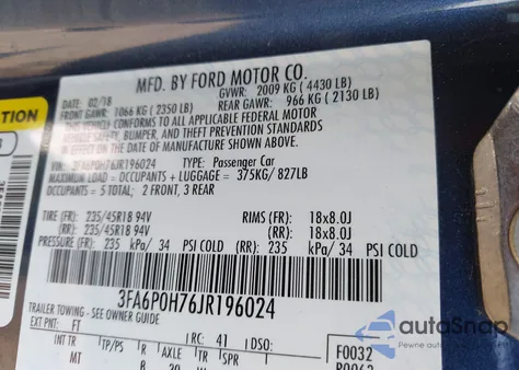 2018 Ford Fusion Se из США, поврежденный, VIN 3FA6P0H76JR196024